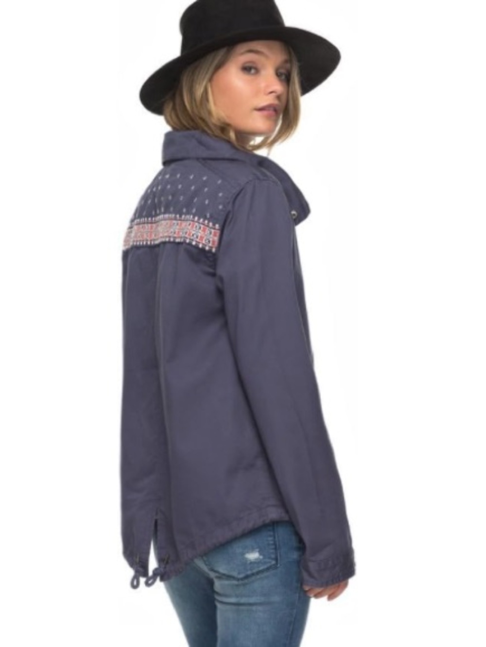 Roxy Navy Swing Jacket with Embroidered Yoke
